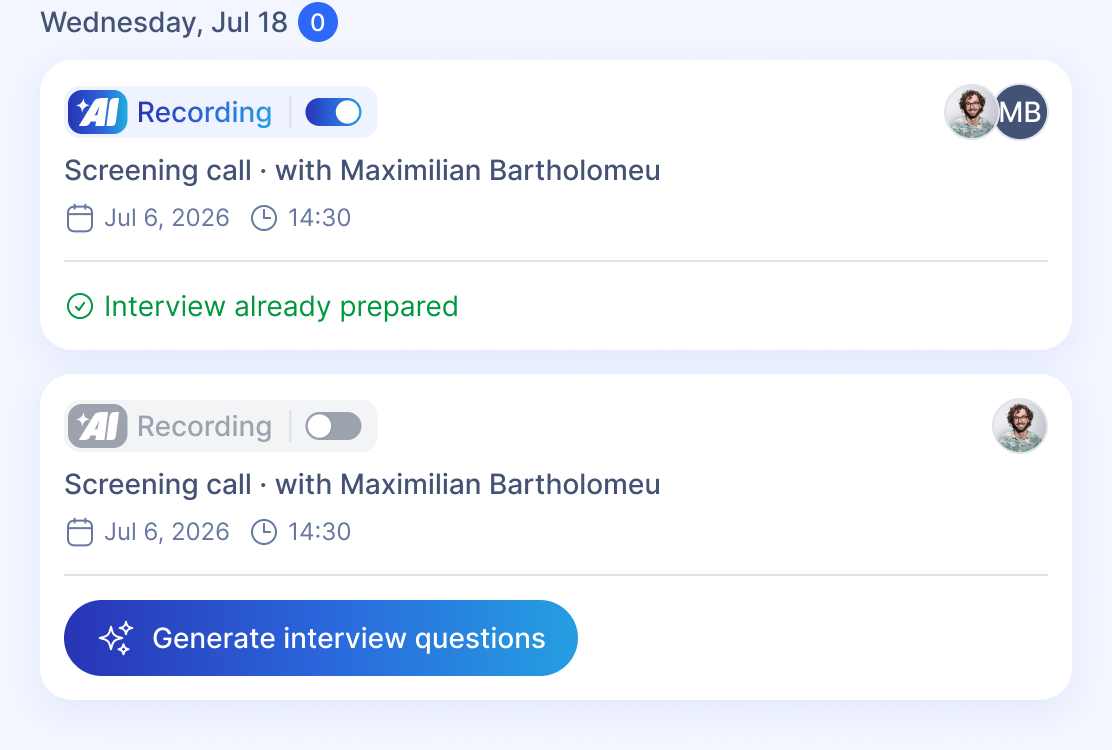 Two meeting cards in Marmend, the upper one with the recording toggle switched on, the lower one with it switched off